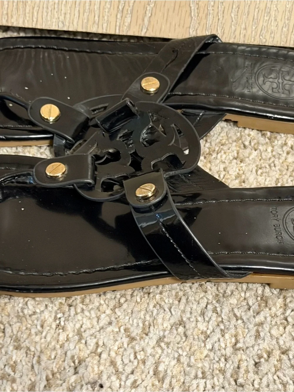 Tory Burch Black Patent Logo Thong Sandals with Gold Accents